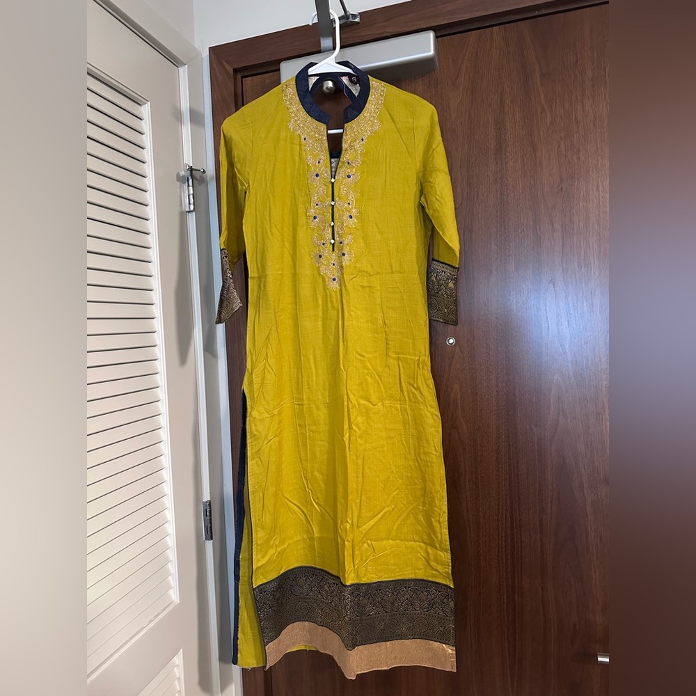 Indian Kurta Set – Mustard Yellow Embroidered Kurta with Matching Navy Pants